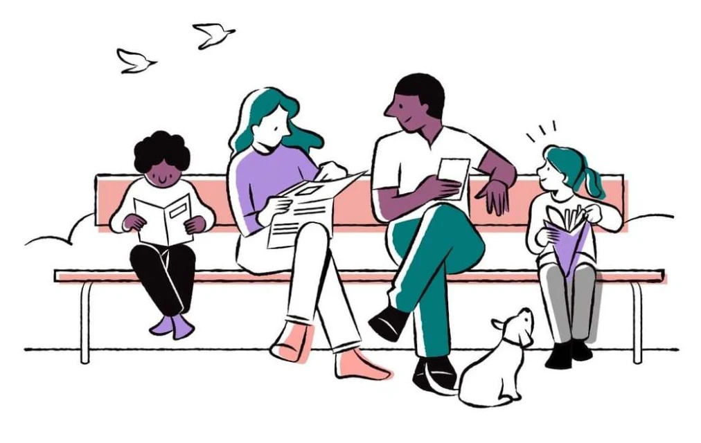 Illustration of a diverse family reading on a park bench, with a small dog and birds in the background, rendered in a clean, modern style.