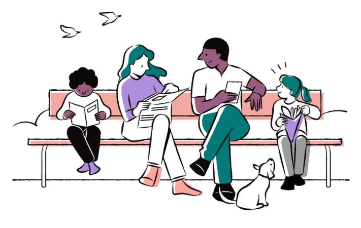 Illustration of a diverse family reading on a park bench, with a small dog and birds in the background, rendered in a clean, modern style.