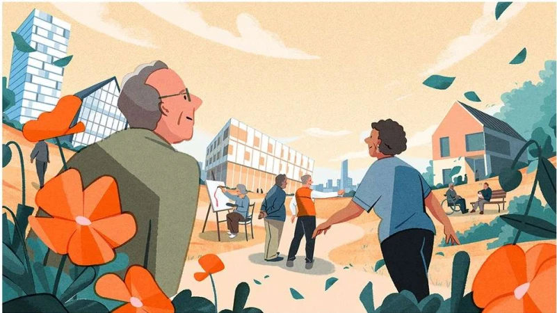 Illustration of a group of seniors in a modern park setting with contemporary buildings, rendered in a warm and inviting style.