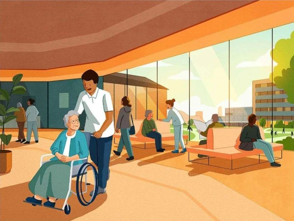 Illustration of a medical caregiver pushing an elderly patient in a wheelchair inside a sunny hospital waiting room, with other patients.