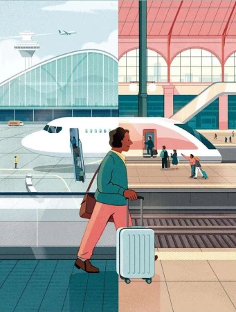 Illustration depicting a person with luggage at a train station on one side and an airport with a plane on the other, conveying travel.
