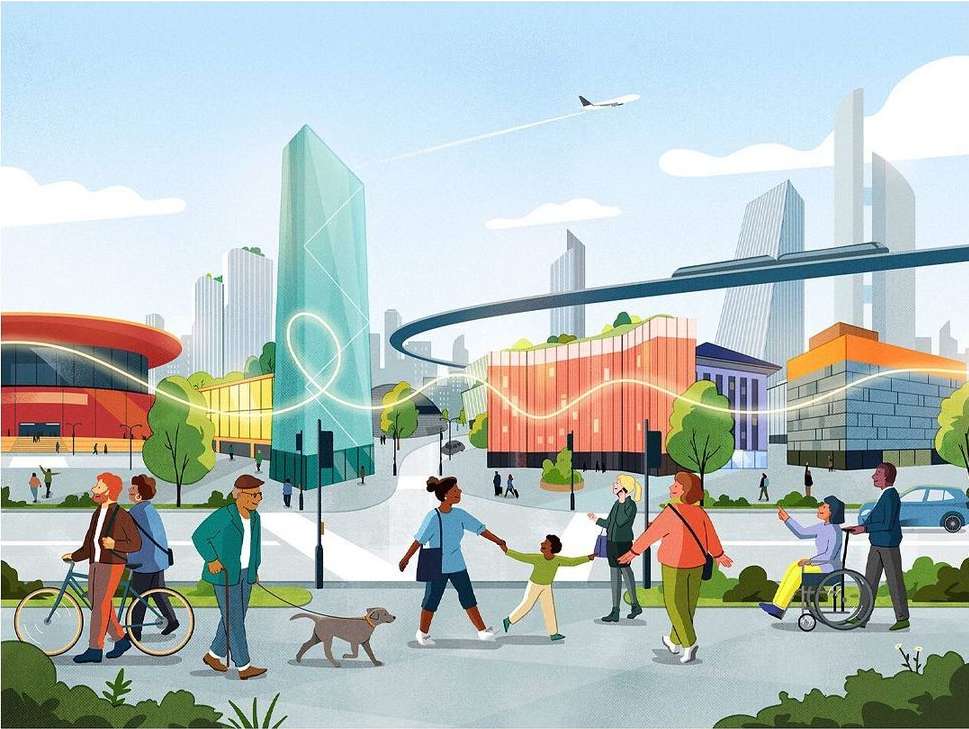 Illustration of people walking and biking in a futuristic city with high-rise buildings, elevated transit, and blue skies.
