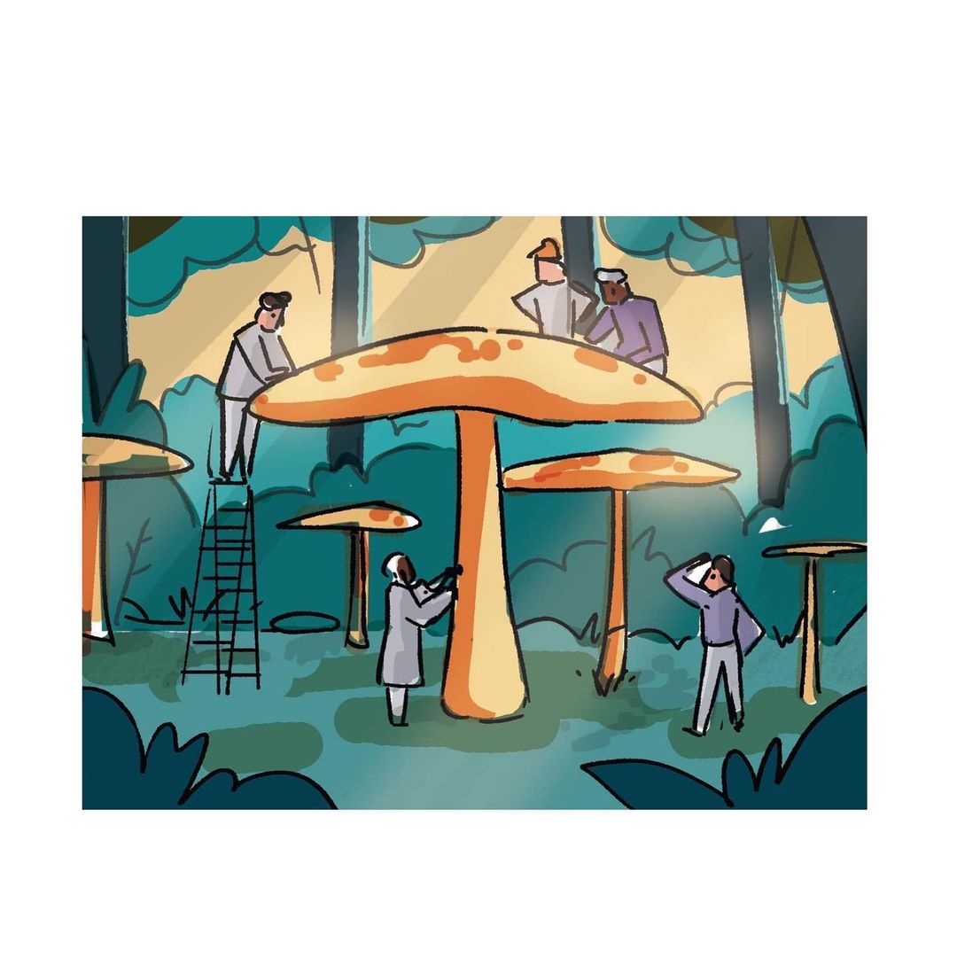 Illustration of people interacting with giant mushrooms in a forest setting. The color palette includes orange, green, and cream tones.