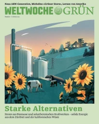 Digital illustration of a rural landscape with industrial storage tanks, cows grazing, and sunflowers in the foreground under a sunset sky.