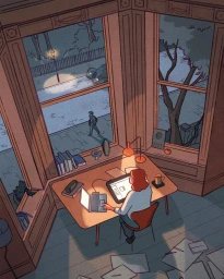 High angle illustration of a woman working at a wooden desk at night with a laptop and tablet, looking out a large bay window.