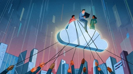 Digital illustration by Yo Hosoyamada showing people holding ropes tethering a glowing blue cloud above a city skyline.