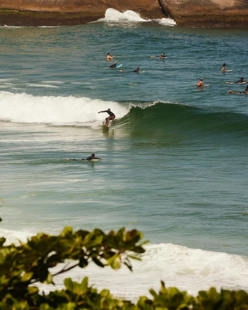 Surfer rides a wave on a sunny day at the beach. Water and other surfers visible in the background. Green leaves in foreground.
