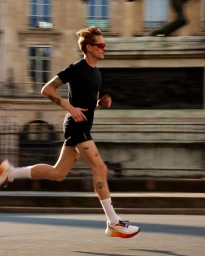 Man running outdoors in athletic apparel wearing red sunglasses and white sneakers against city architecture