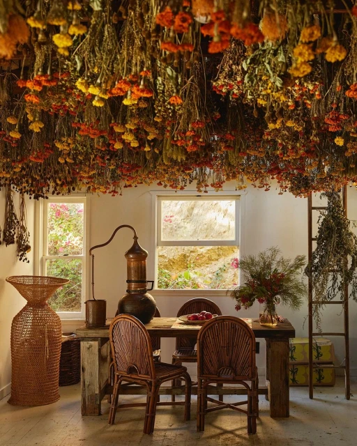 Indoor scene features a dining table with flowers, rustic decor, and dried flowers suspended from the ceiling, creating a warm ambiance.
