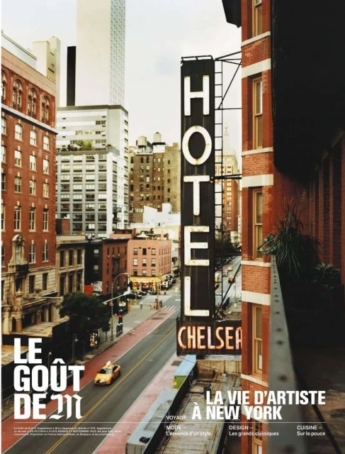 New York City street view showcasing the Chelsea Hotel signage, a yellow taxi, and surrounding urban architecture under an overcast sky.