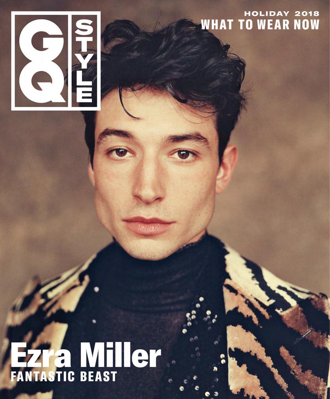 Ezra Miller's portrait on GQ Style Holiday 2018 cover, featuring close-up shot of the actor in an animal-print jacket and dark turtleneck.