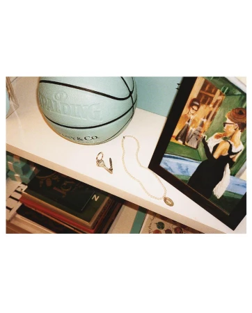 Still-life shelf arrangement featuring a Spalding & Tiffany & Co. basketball, framed artwork, jewelry, and stacked books.