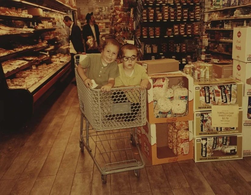 Two children sit inside a shopping cart in a grocery store aisle with shelves of food and groceries visible in the background.