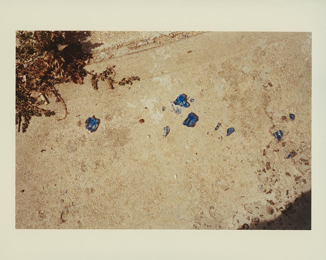 Abstract still life featuring fragments of blue glass scattered across a weathered concrete surface, with foliage in the upper corner.