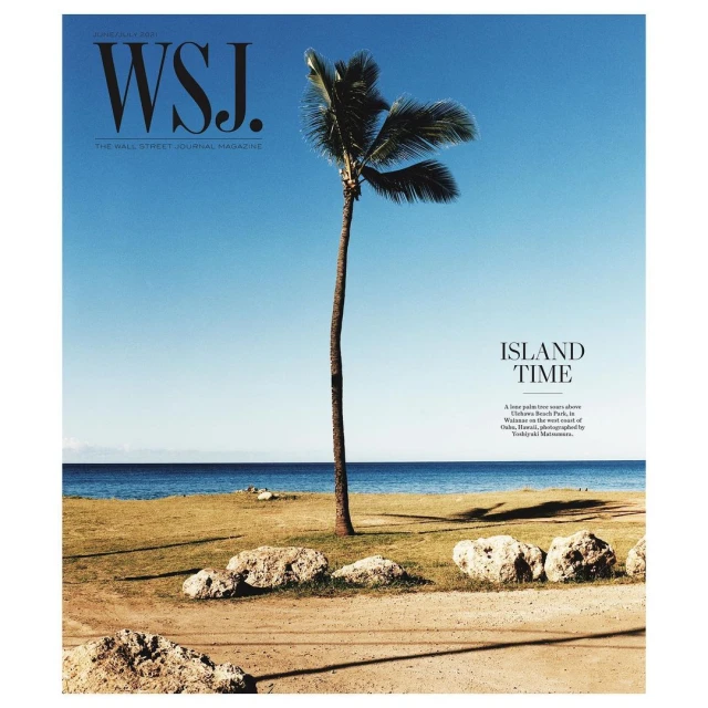 Magazine cover featuring a palm tree on a beach with the ocean in the background and the WSJ logo at the top.