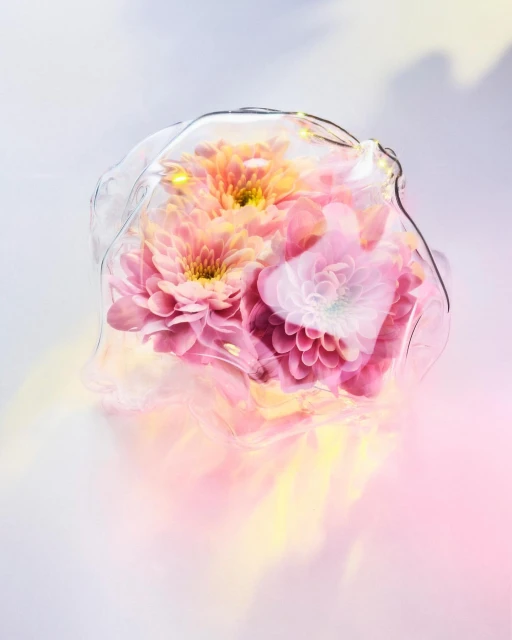 Floral arrangement in a clear glass container featuring pink and peach-colored dahlia flowers, illuminated with string lights, on a soft background.