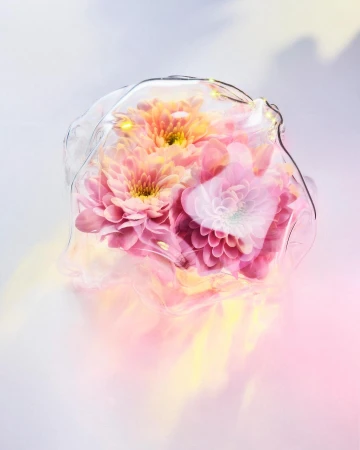 Floral arrangement in a clear glass container featuring pink and peach-colored dahlia flowers, illuminated with string lights, on a soft background.