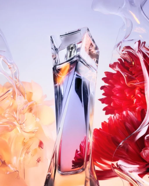 A transparent perfume bottle stands centered amid translucent floral-shaped sculptures and out-of-focus peach and red flowers against a light background.