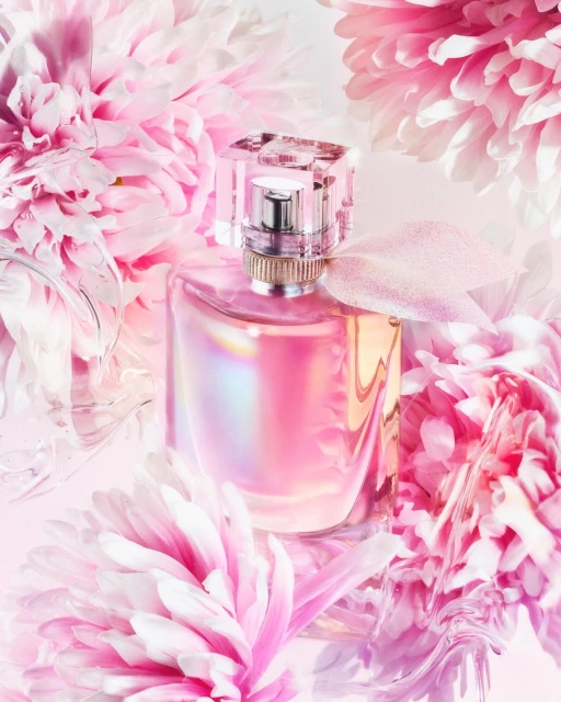 Pink perfume bottle with a clear cap surrounded by blooming pink flowers creates a soft, elegant, and floral-themed presentation.