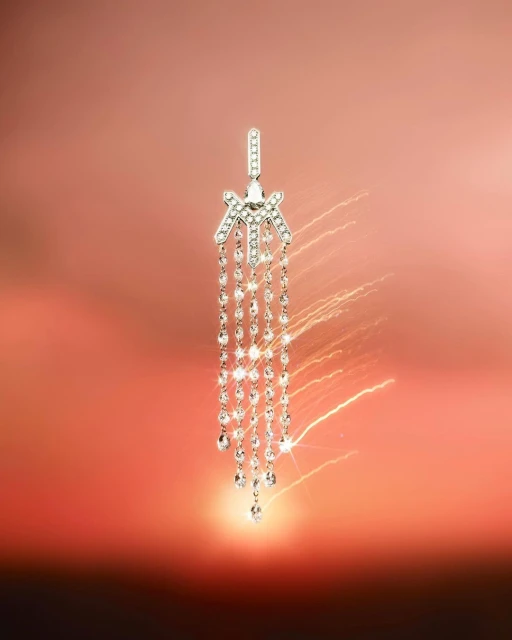 Elegant silver earring with cascading crystals sparkles against a soft orange gradient background, exuding luxury and sophistication.