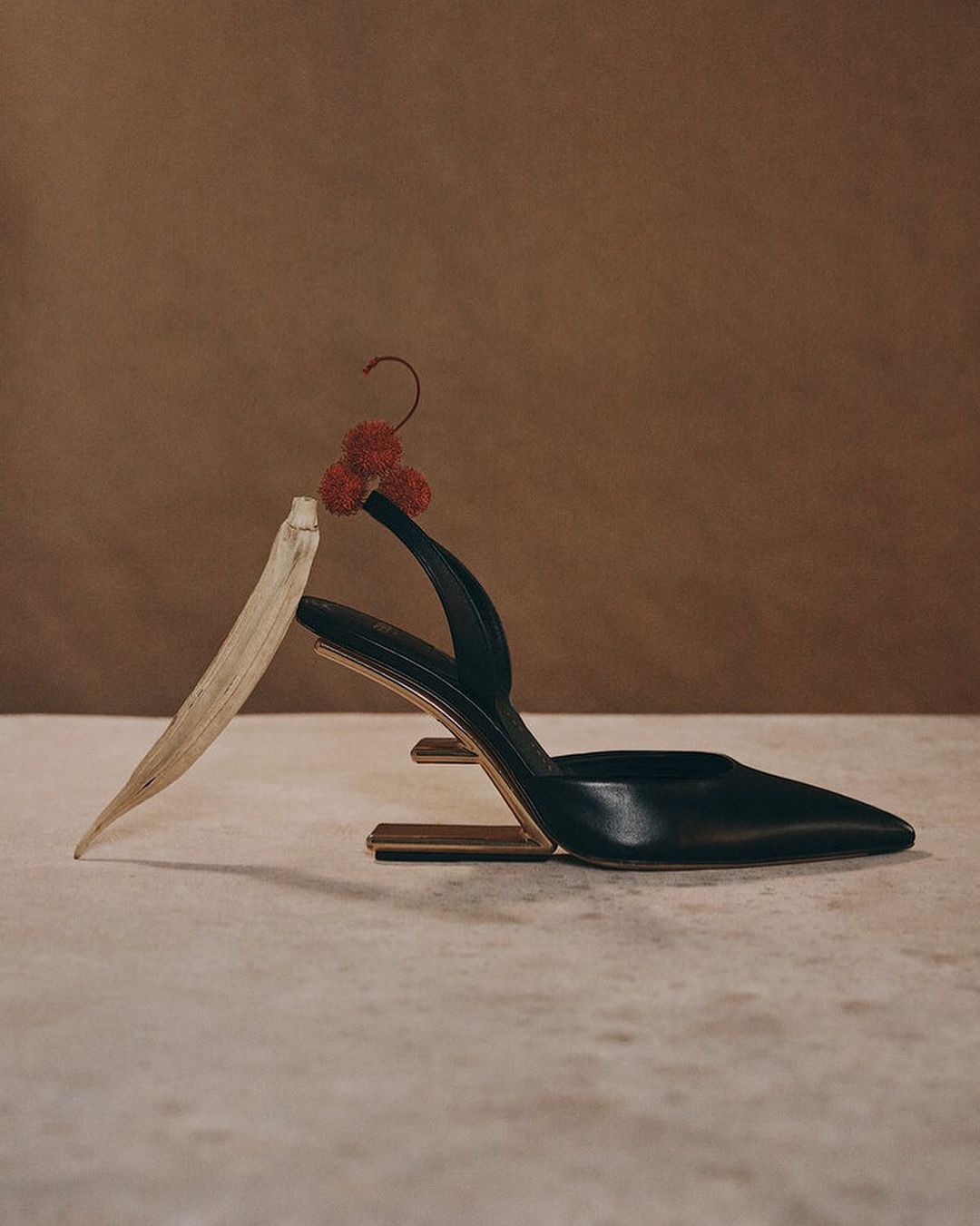 Studio shot of a black slingback heel with unique architectural gold heel, a neutral leaf and red berries, on a textured surface.
