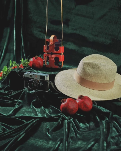 Still life shot of a handbag, camera, pomegranates, and a hat arranged against a draped, dark green velvet background.