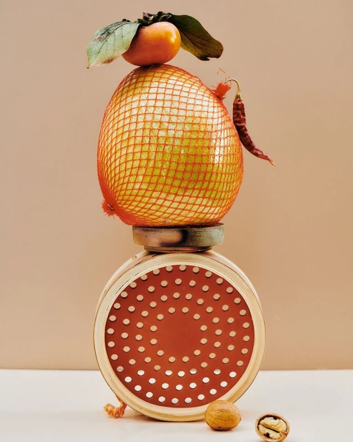 Still life shot of a stacked display of a pomelo in a net, a persimmon with leaves, pepper, and a wooden stand against a tan backdrop.