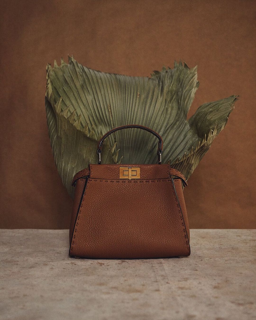 Brown leather Fendi Peekaboo handbag on a stone surface with a dried palm frond and a brown background in a studio setting.