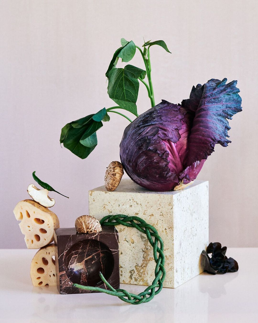 Still life of red cabbage, mushrooms, greens, lotus root, and textured blocks on white table against a pale pink backdrop.