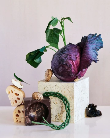 Still life of red cabbage, mushrooms, greens, lotus root, and textured blocks on white table against a pale pink backdrop.