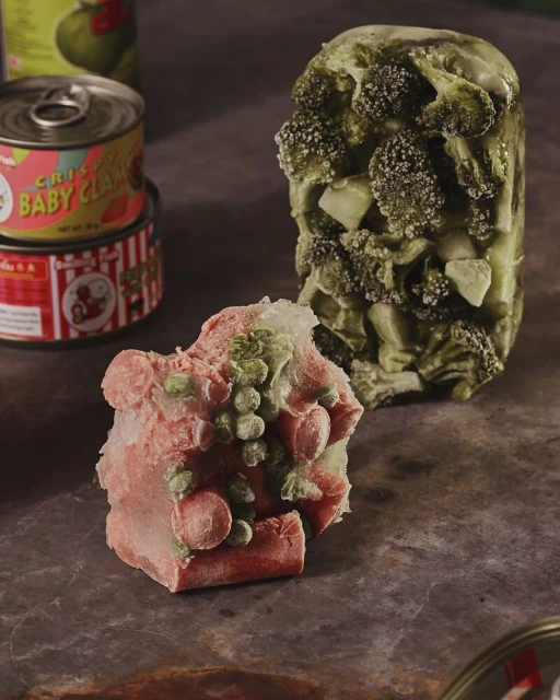 Frozen vegetables, including broccoli and carrots, are formed into blocks and arranged next to cans of baby clams on a textured surface.