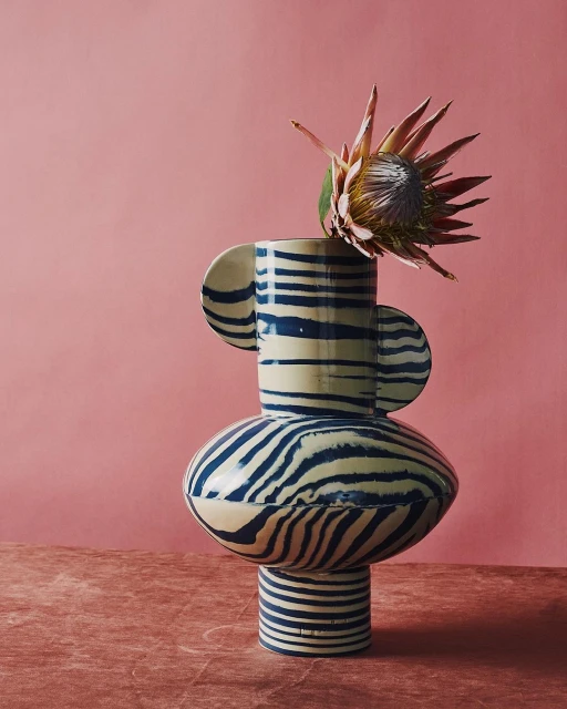 Still life studio shot of a striped ceramic vase with a large protea flower on a rose-colored table against a pink background.