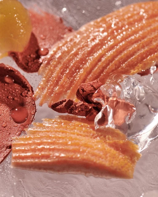 Close-up food photography featuring translucent slices, chocolate crumbs, and ice with water droplets. Could be ingredients for dessert.