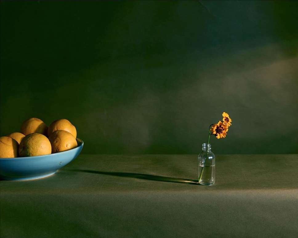 Still life photograph featuring a blue bowl of oranges and a clear vase holding yellow flowers, set against a dark green background.