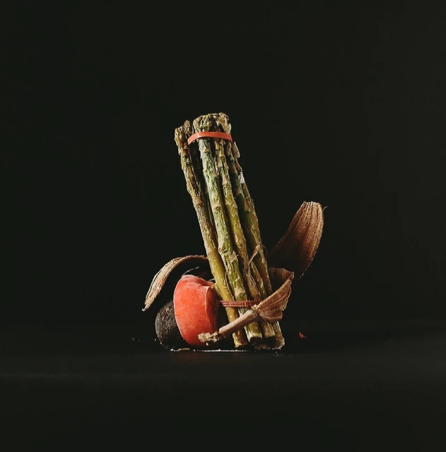 Close-up still life of green asparagus spears bundled with an orange band, featuring an avocado half and dried botanical elements against a black background.