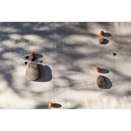 Still life featuring stones and persimmons scattered on a white cloth, with dappled shadows creating a minimalist and serene composition.