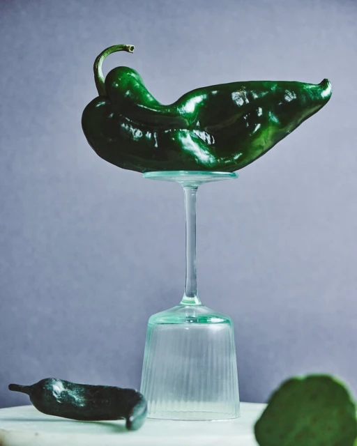 Poblano pepper resting on top of a glass cup, studio shot with soft lighting, and grey background for a minimalistic food still life.