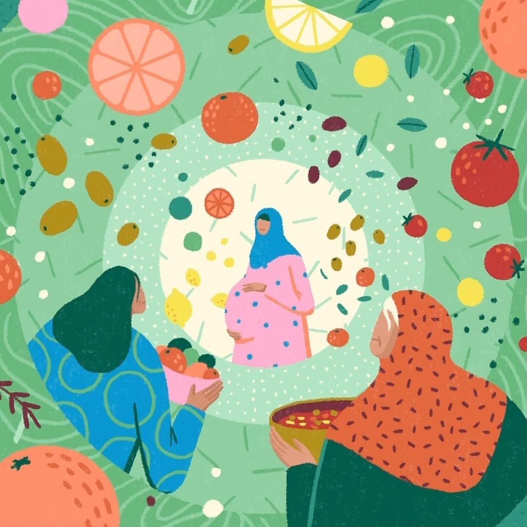Illustration features a pregnant woman in hijab surrounded by produce and two other women holding bowls in a stylized food-themed scene.