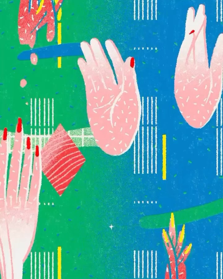Abstract digital art with stylized hands reaching upward against a geometric background of green and blue hues, accented with red nails.