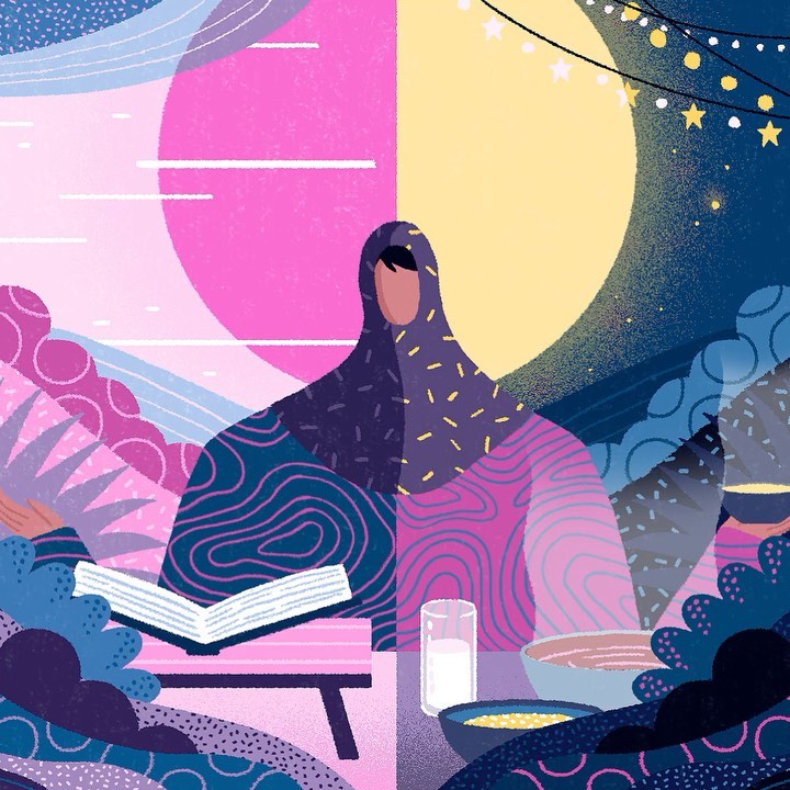 Illustration of a woman in hijab reading a book at a table with food and drink, split scene of day and night with celestial elements.