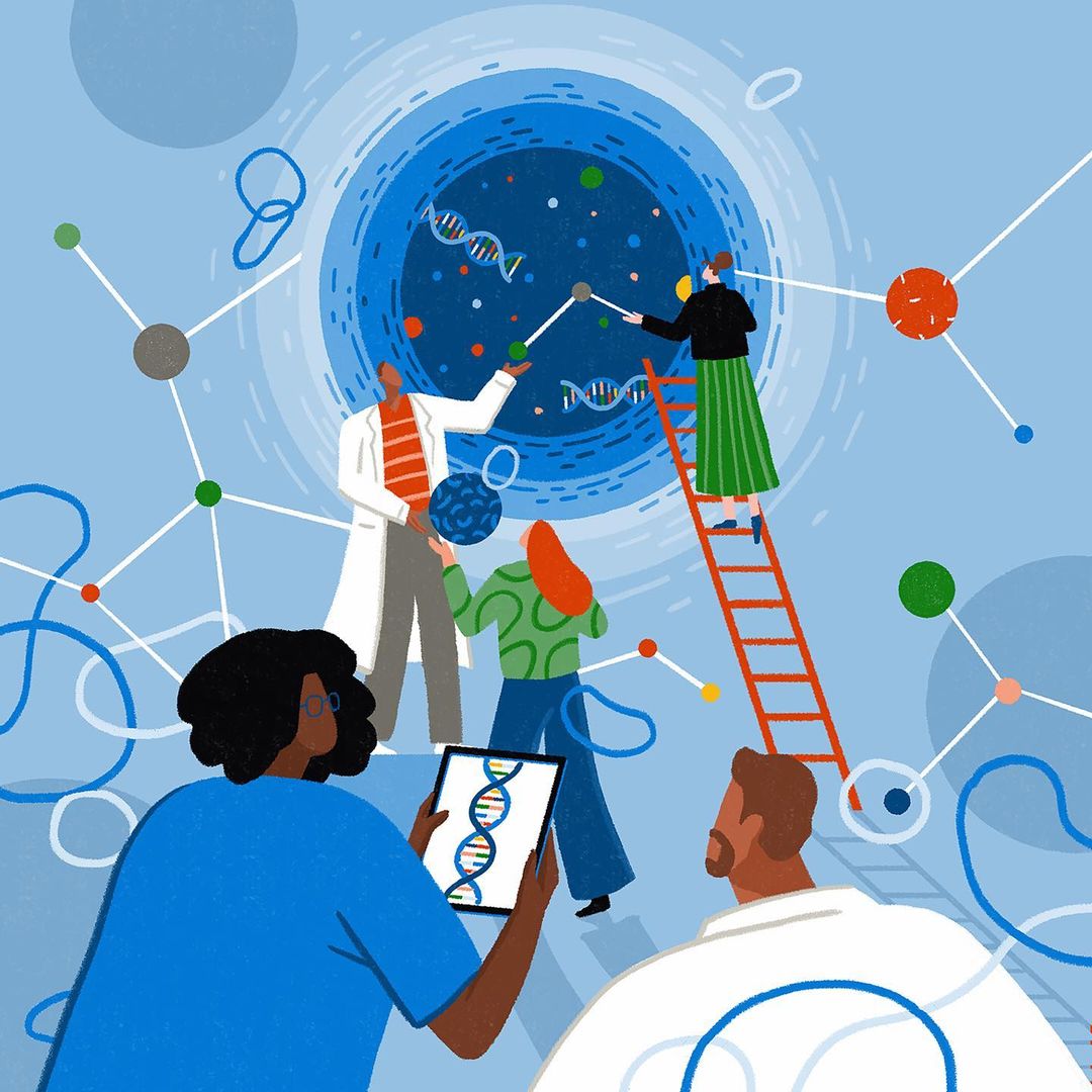 Illustration shows scientists studying DNA strands inside a blue circular portal with white molecule models, lab coats, and a ladder.