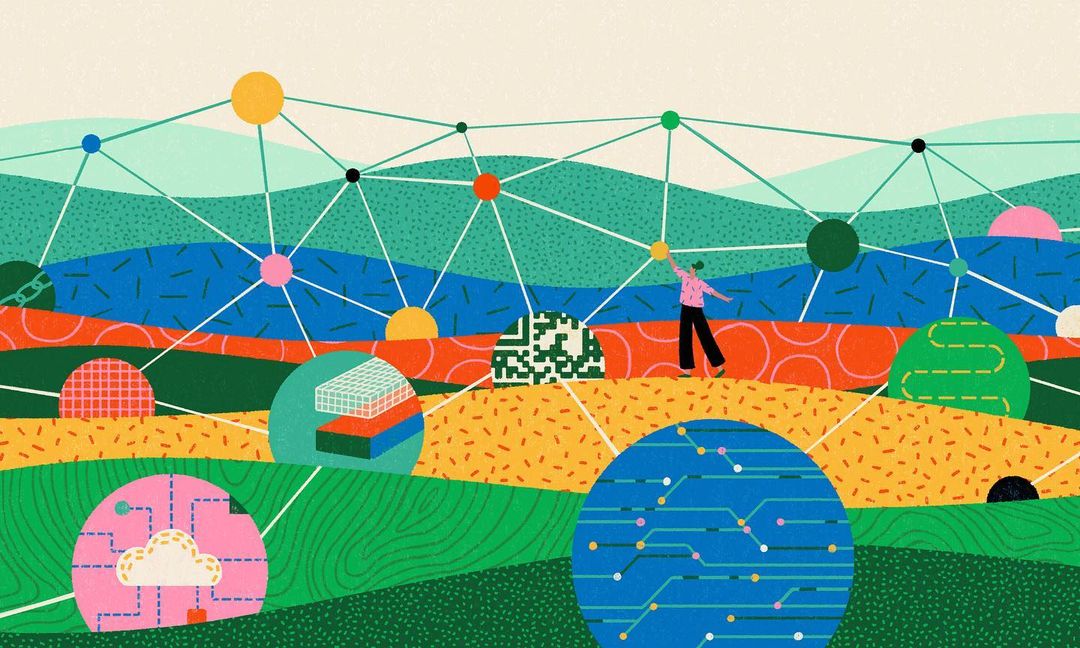Illustration of a person walking along a connected network of colorful nodes and lines over stylized hills and tech-themed graphics.
