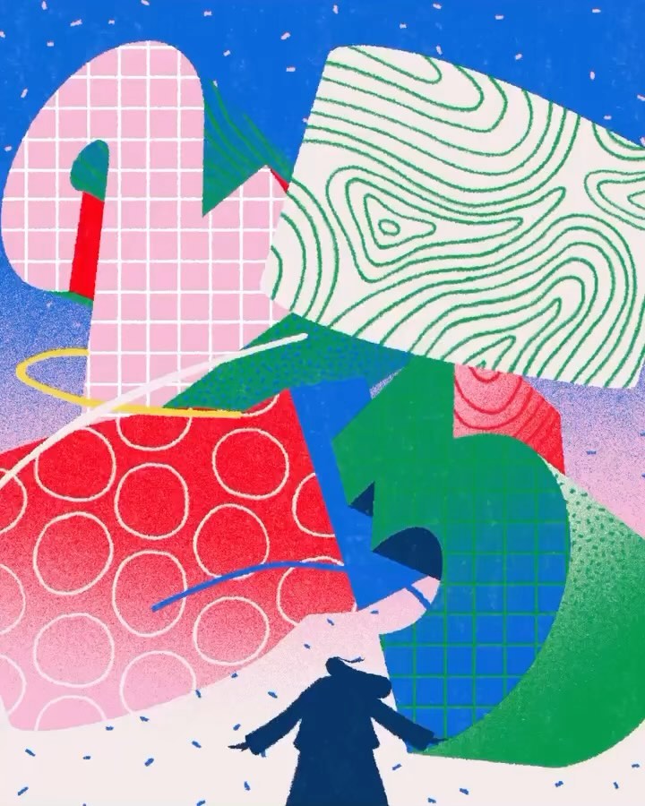 Abstract illustration featuring a person in a coat standing before large patterned shapes, rendered with textured, colorful, geometric style.