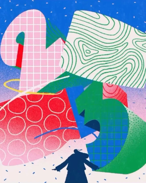 Abstract illustration featuring a person in a coat standing before large patterned shapes, rendered with textured, colorful, geometric style.