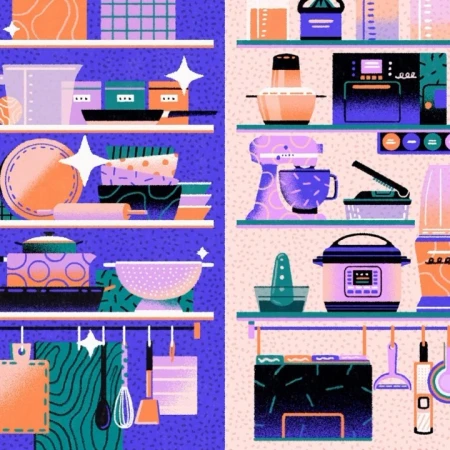 Illustration of kitchenware on shelves. Various cooking appliances like mixers, pots, and blenders are displayed with simple lines and colors.