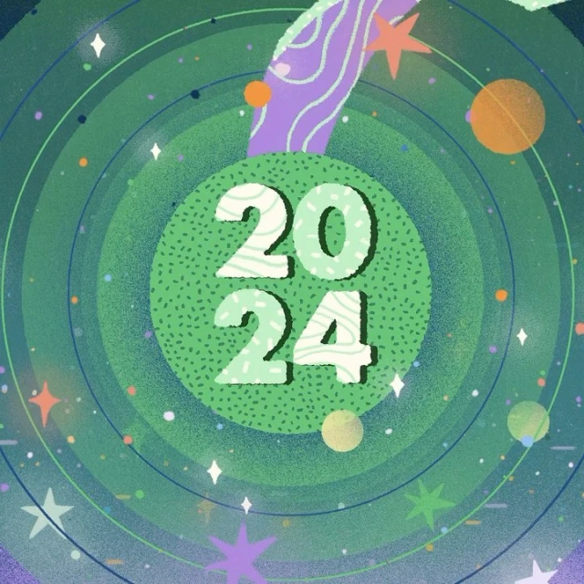 Illustration of the year 2024 surrounded by stars and planets in space with shades of green, purple, yellow, and orange.