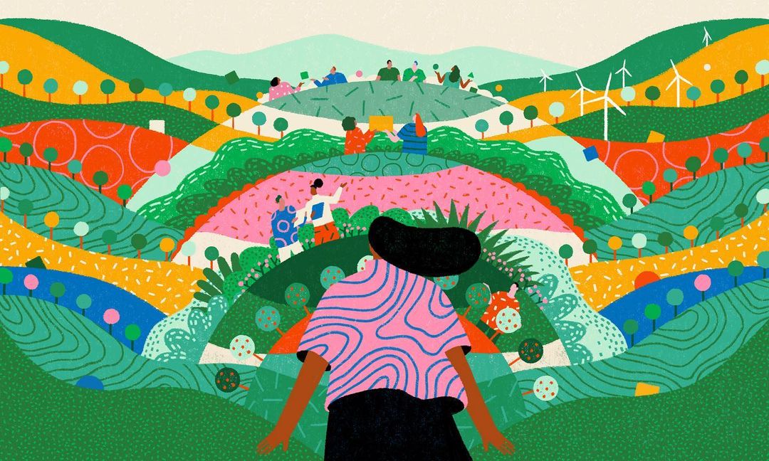 Illustration of a Black woman viewed from behind in the foreground, facing a colorful hilly landscape with people and wind turbines.