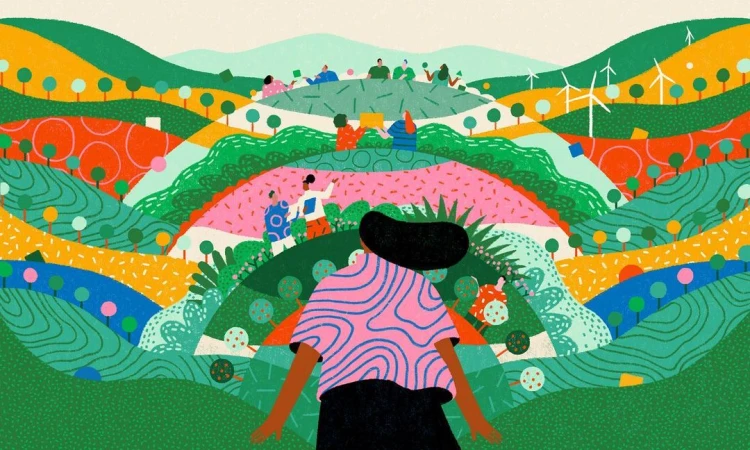Illustration of a Black woman viewed from behind in the foreground, facing a colorful hilly landscape with people and wind turbines.