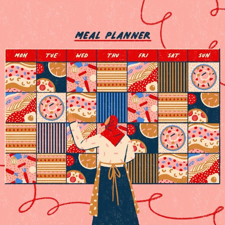Illustration of a woman wearing a hijab and apron planning meals on a calendar with food images, set against a pink background.