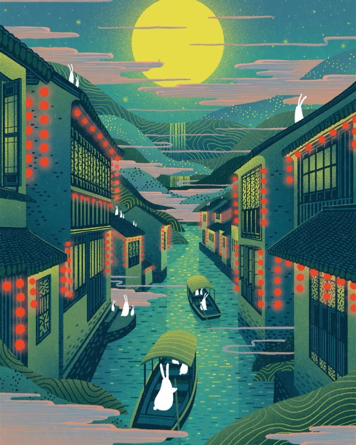 Illustration of a river running through a Chinese town at night, with boaters and rabbits in the scene, and a full moon above.